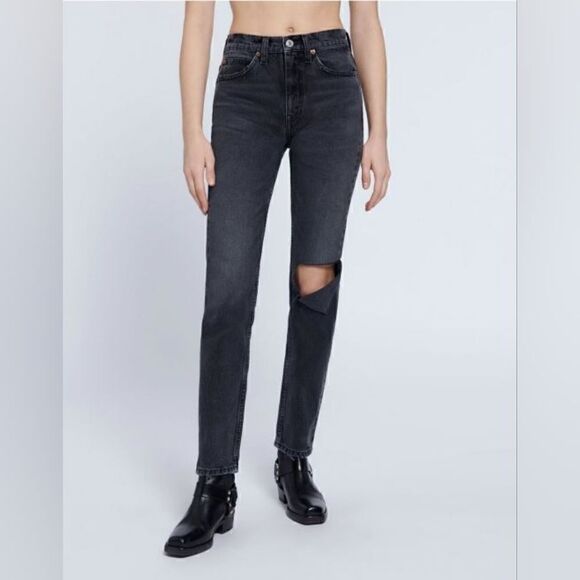 Re/Done 70's High Rise Straight Leg Distressed Denim Jeans In Black Size 27 NWT - Picture 1 of 16